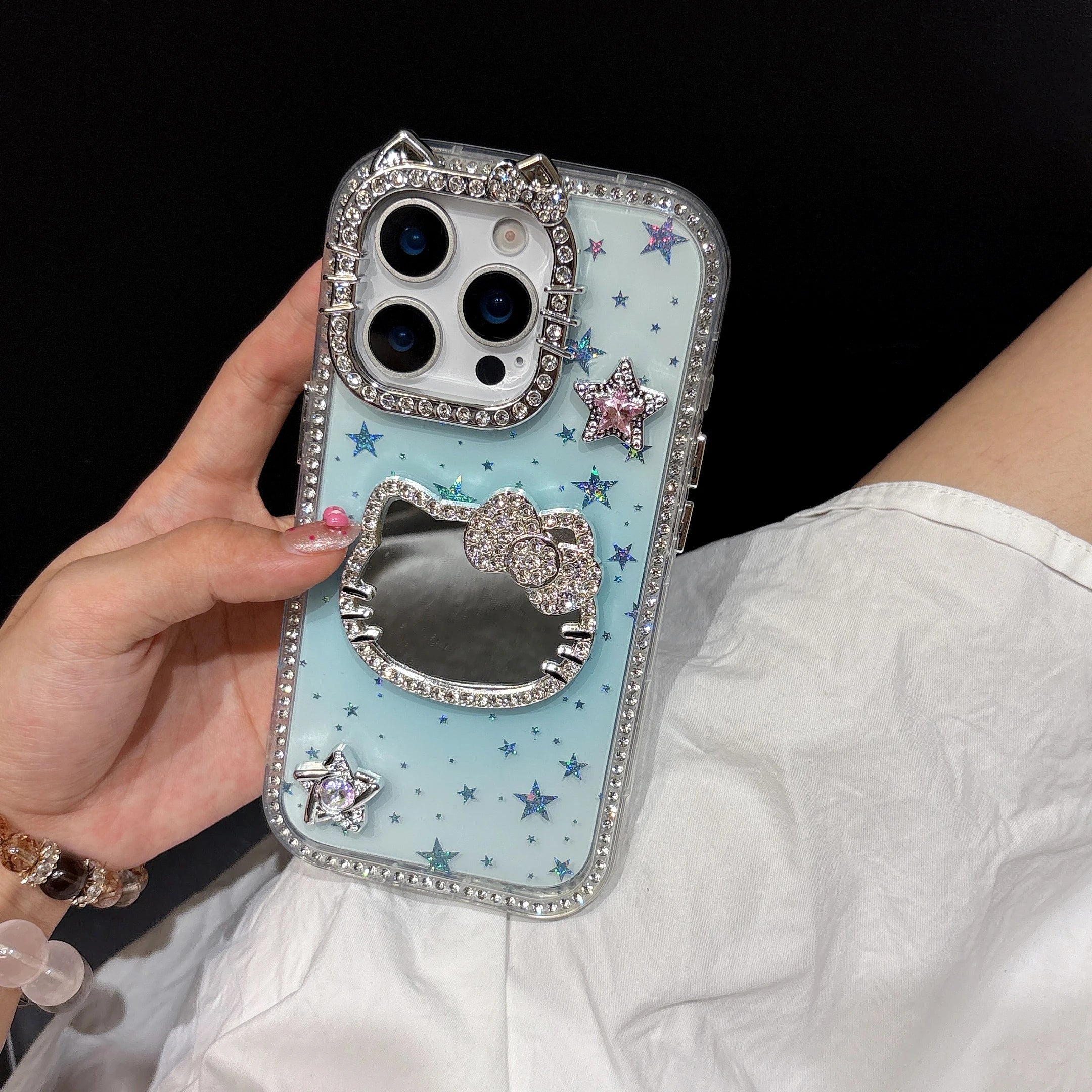 Makeup Mirror Bling Glitter Stars Phone Case For iPhone 16 15 14 13 12 Pro Max 3D Cute Sanrio Hello Kitty Shockproof Hard Cover