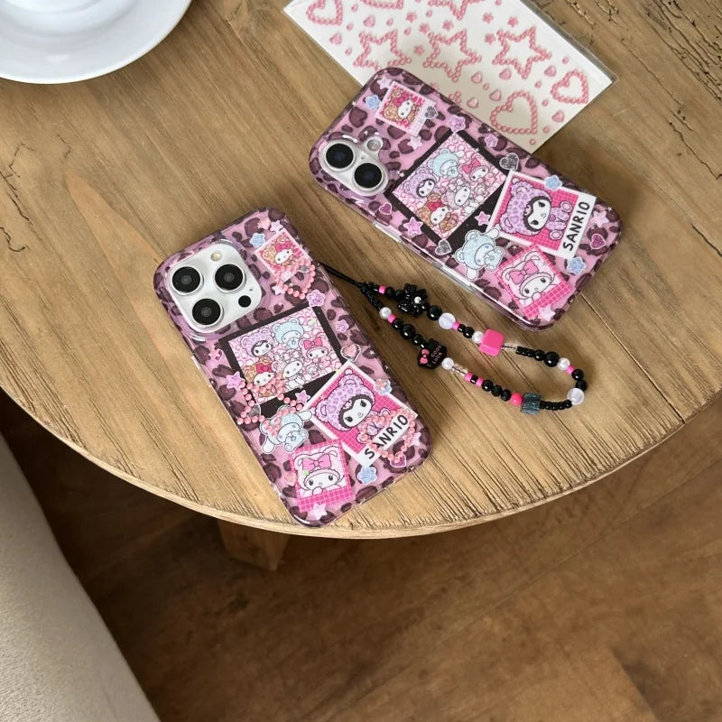 Cute Cartoon Love Heart Glitter Cinnamoroll Kuromi Kitty Melody Luxury leopard print Case For iPhone 13 14 15 16 ProMax Cover