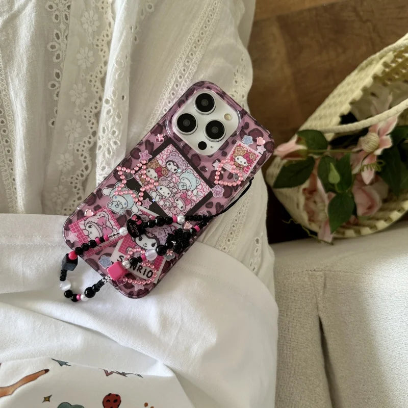 Cute Cartoon Love Heart Glitter Cinnamoroll Kuromi Kitty Melody Luxury leopard print Case For iPhone 13 14 15 16 ProMax Cover