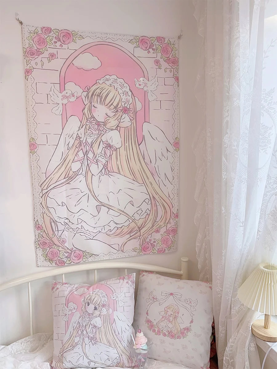 Cute Anime Girl Tapestry Background Cloth Home Decor Kawaii Girl's Room Decorating Items Cartoon Wall Hanging Pink Tapestry