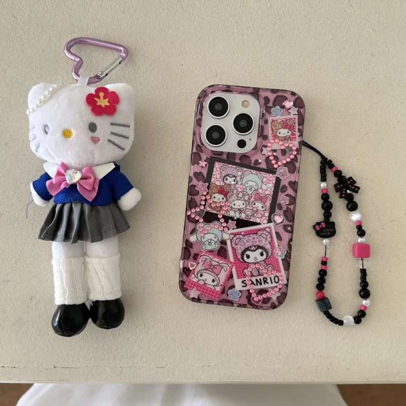 Cute Cartoon Love Heart Glitter Cinnamoroll Kuromi Kitty Melody Luxury leopard print Case For iPhone 13 14 15 16 ProMax Cover
