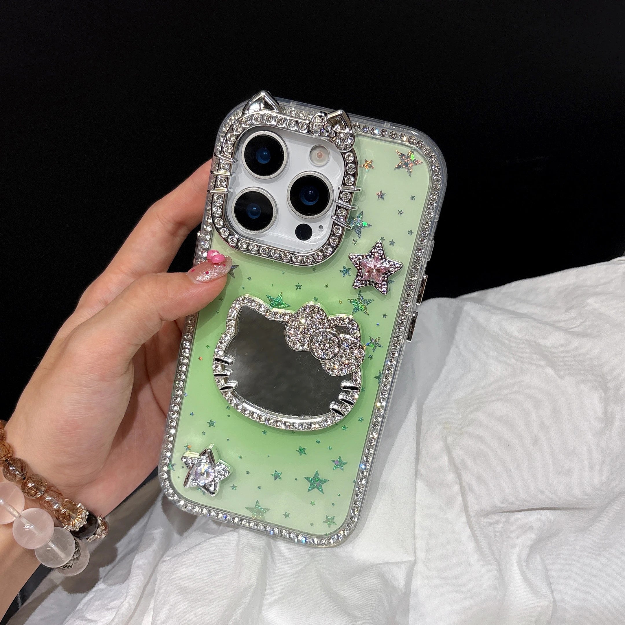 Makeup Mirror Bling Glitter Stars Phone Case For iPhone 16 15 14 13 12 Pro Max 3D Cute Sanrio Hello Kitty Shockproof Hard Cover