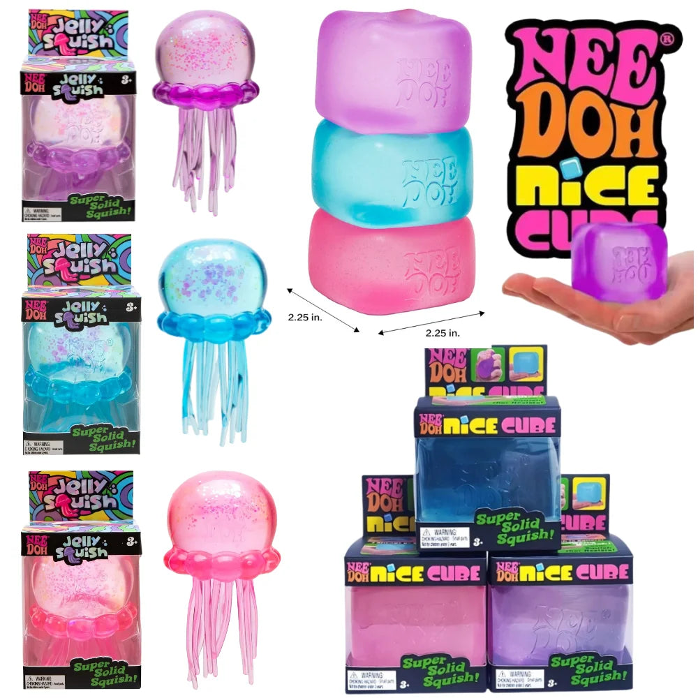Nee Doh Jellyfish & Cube Squish Toy, Soft Jelly Squeeze Stress Relief Fidget Toy, Sensory NeeDoh for Kids & Adults