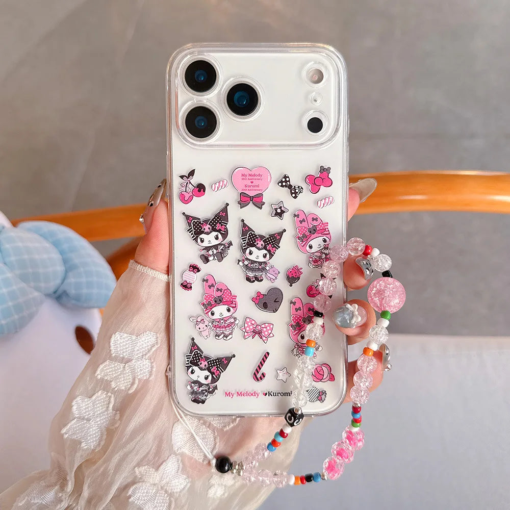 Girlish Cute Sanrio Kuromi My Melody Painted Clear TPU Case For IPhone 17 Pro Max Air 16 15 14 13 12 Pro Anti-drop Lanyard Cover