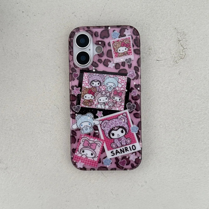 Cute Cartoon Love Heart Glitter Cinnamoroll Kuromi Kitty Melody Luxury leopard print Case For iPhone 13 14 15 16 ProMax Cover
