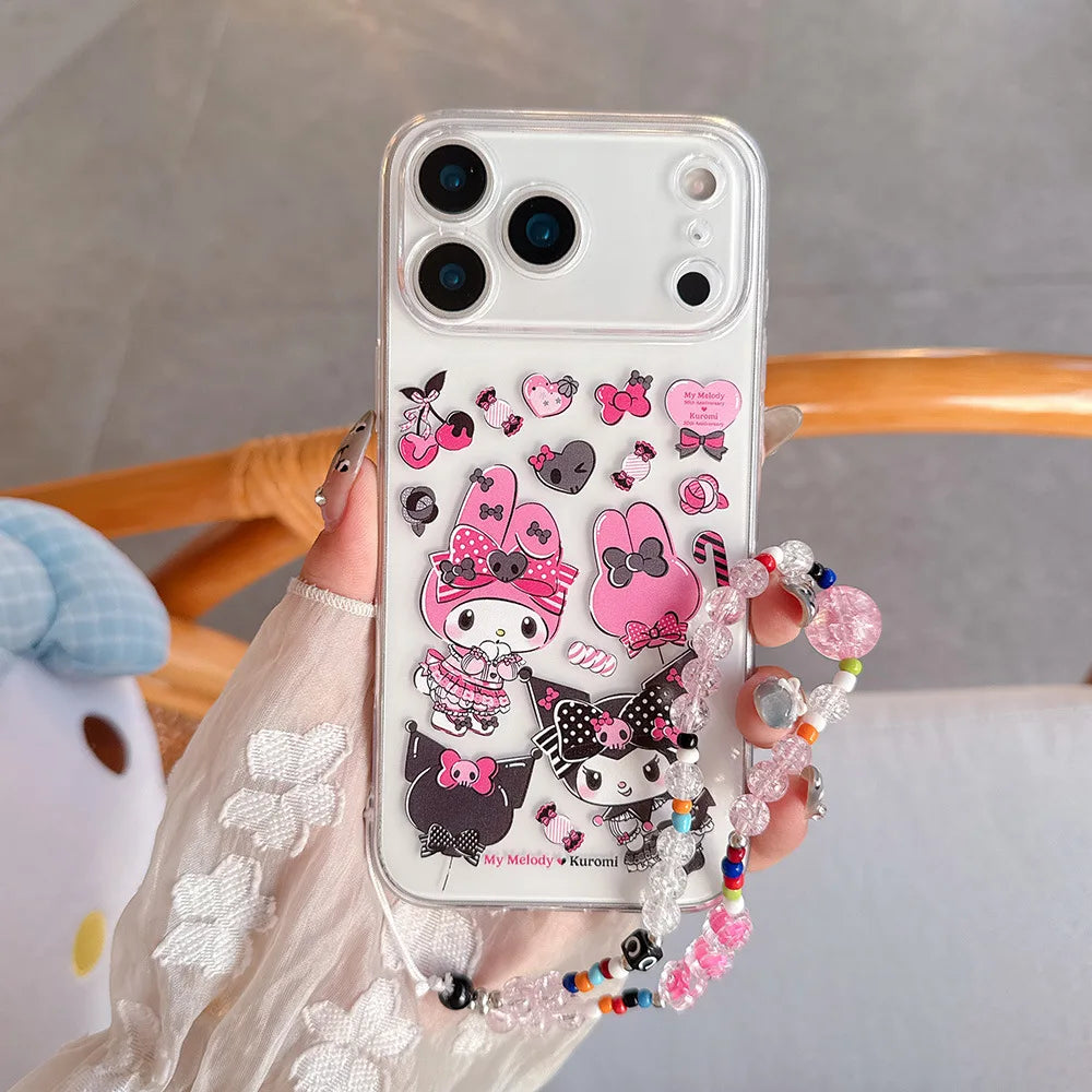 Girlish Cute Sanrio Kuromi My Melody Painted Clear TPU Case For IPhone 17 Pro Max Air 16 15 14 13 12 Pro Anti-drop Lanyard Cover