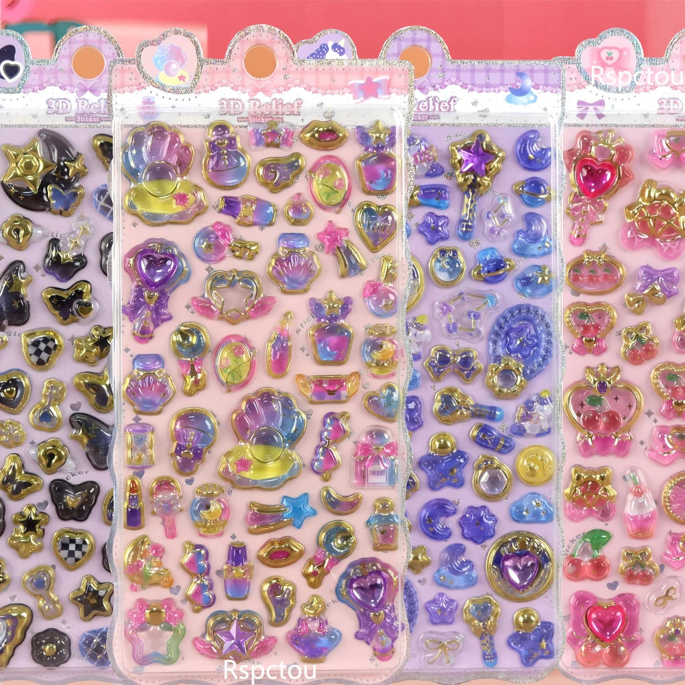 Kawaii Flower Rabbit Butterfly 3D Crystal Stickers Cute Cartoon Shell Unicorn Relief Sticker Guitar Fridge Phone Decals Toy