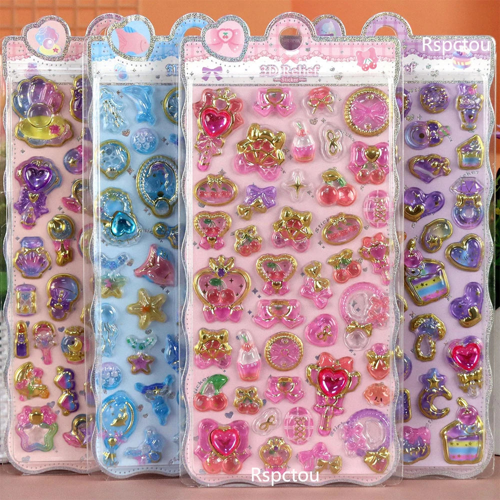 Kawaii Flower Rabbit Butterfly 3D Crystal Stickers Cute Cartoon Shell Unicorn Relief Sticker Guitar Fridge Phone Decals Toy