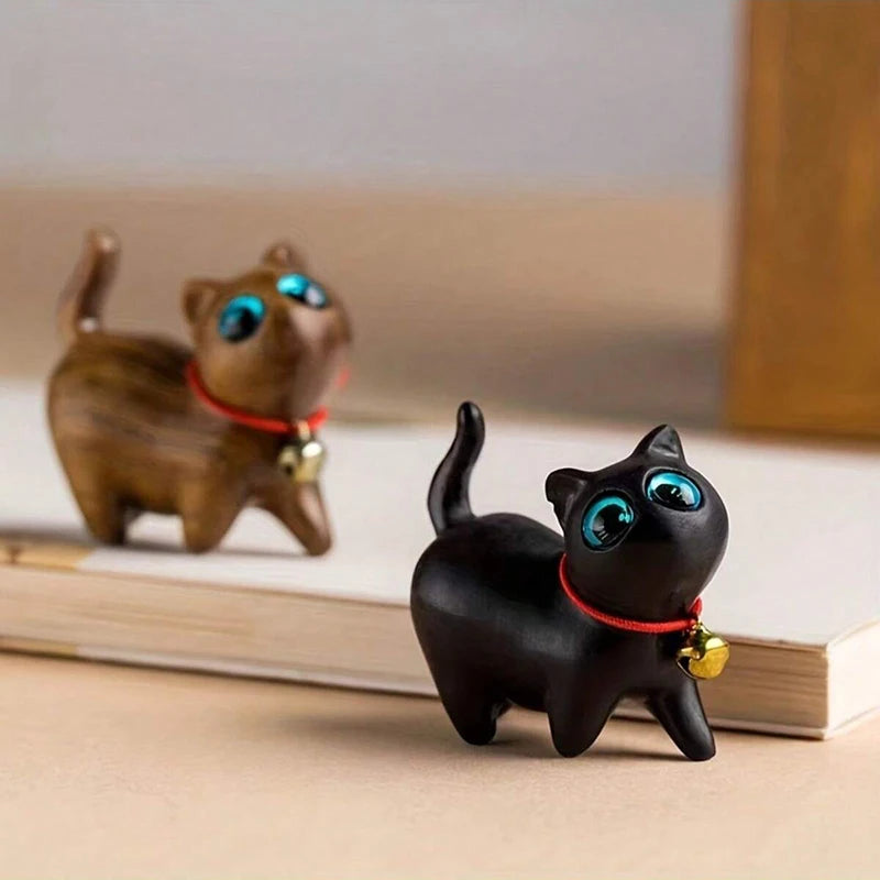 Homemade Mini Wood Sandalwood Kitten Cute Ornament Resin Sculpture Decorative Handcraft Office Home Desktop Interior Accessories Decor