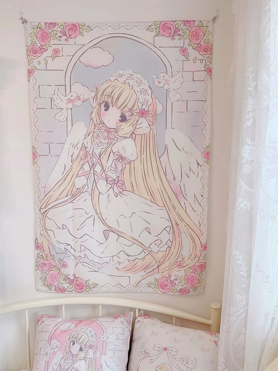 Cute Anime Girl Tapestry Background Cloth Home Decor Kawaii Girl's Room Decorating Items Cartoon Wall Hanging Pink Tapestry