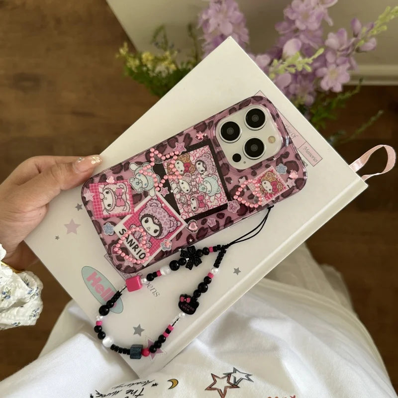Cute Cartoon Love Heart Glitter Cinnamoroll Kuromi Kitty Melody Luxury leopard print Case For iPhone 13 14 15 16 ProMax Cover
