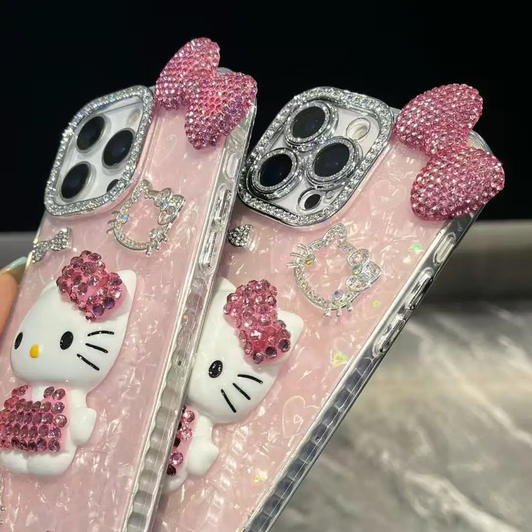 3D Stereoscopic Cute Cartoon Sanrio Hello Kitty Bling Glitter Phone Case For iPhone 17 16 15 14 13 12 11 Pro Max Hard Cover