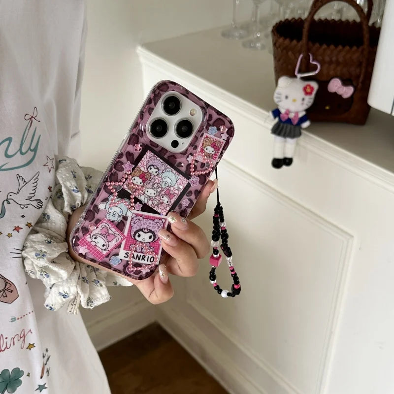 Cute Cartoon Love Heart Glitter Cinnamoroll Kuromi Kitty Melody Luxury leopard print Case For iPhone 13 14 15 16 ProMax Cover