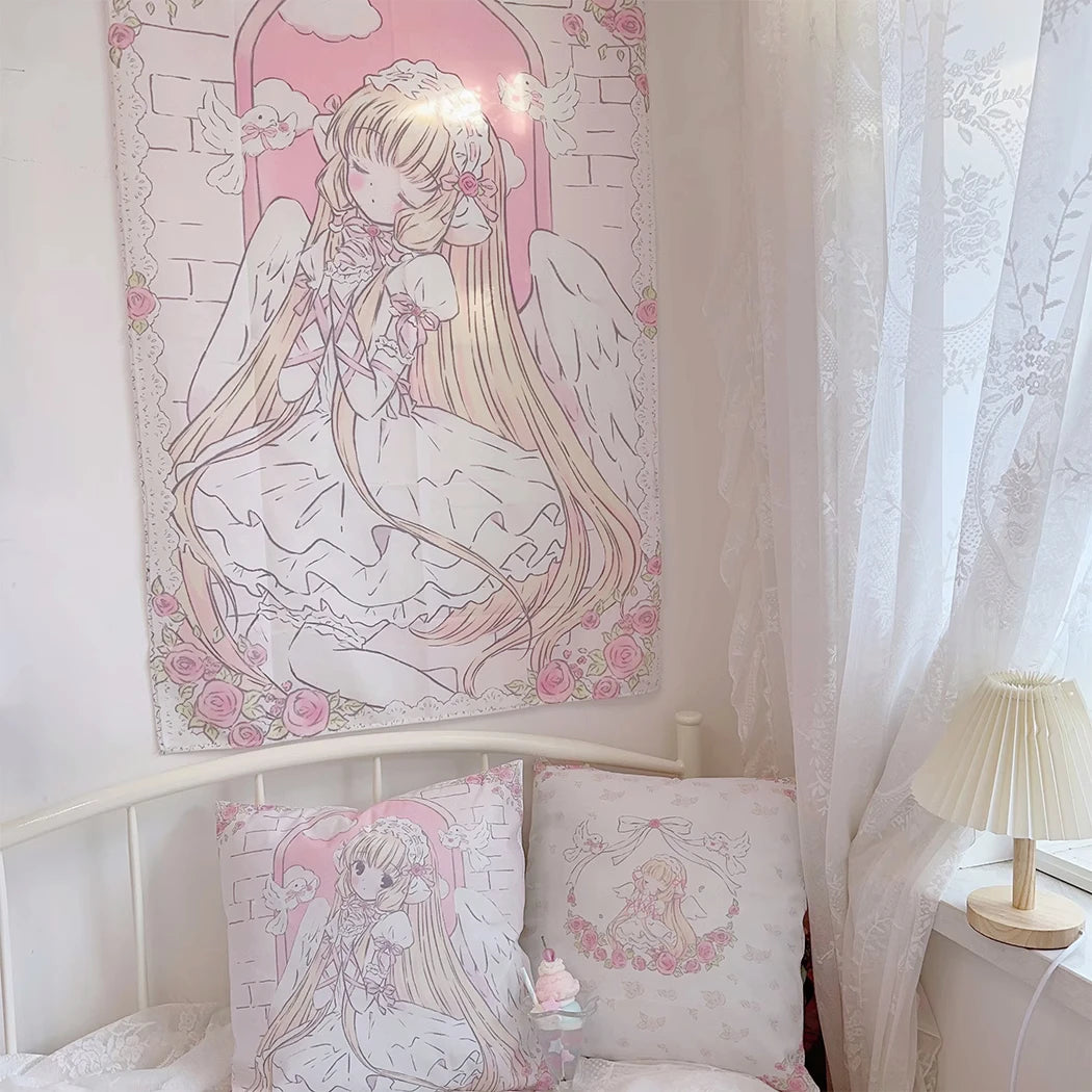 Cute Anime Girl Tapestry Background Cloth Home Decor Kawaii Girl's Room Decorating Items Cartoon Wall Hanging Pink Tapestry