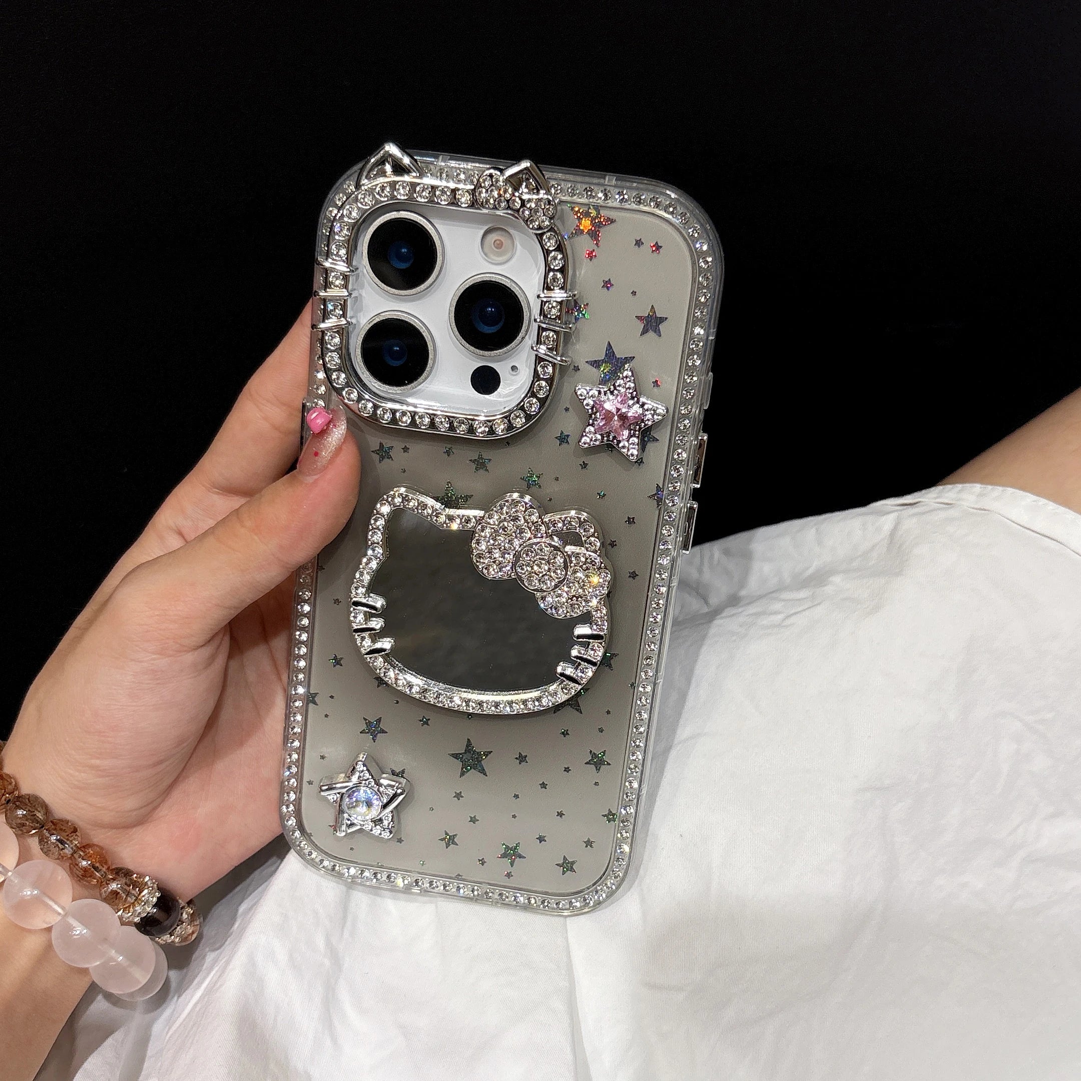 Makeup Mirror Bling Glitter Stars Phone Case For iPhone 16 15 14 13 12 Pro Max 3D Cute Sanrio Hello Kitty Shockproof Hard Cover
