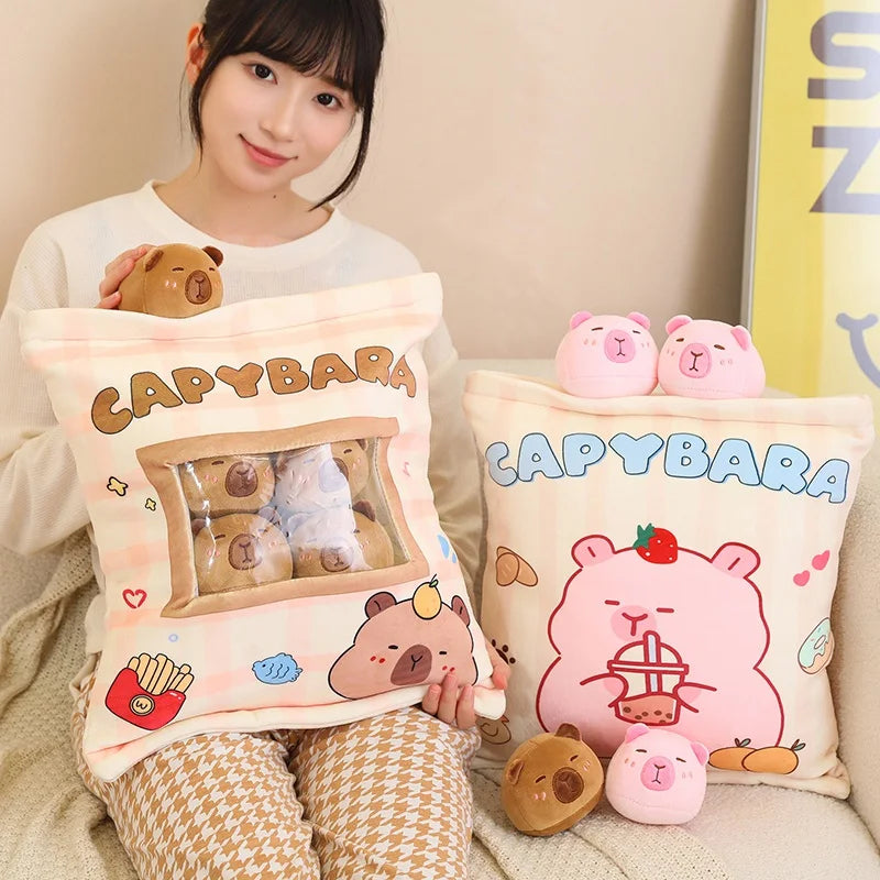 A Plushies Bag Pudding Toys Puff Balls Mini Cute Stuffed Animal Capybara Doll Removable Set Plush Pillow Snack Cushion Kids Gift