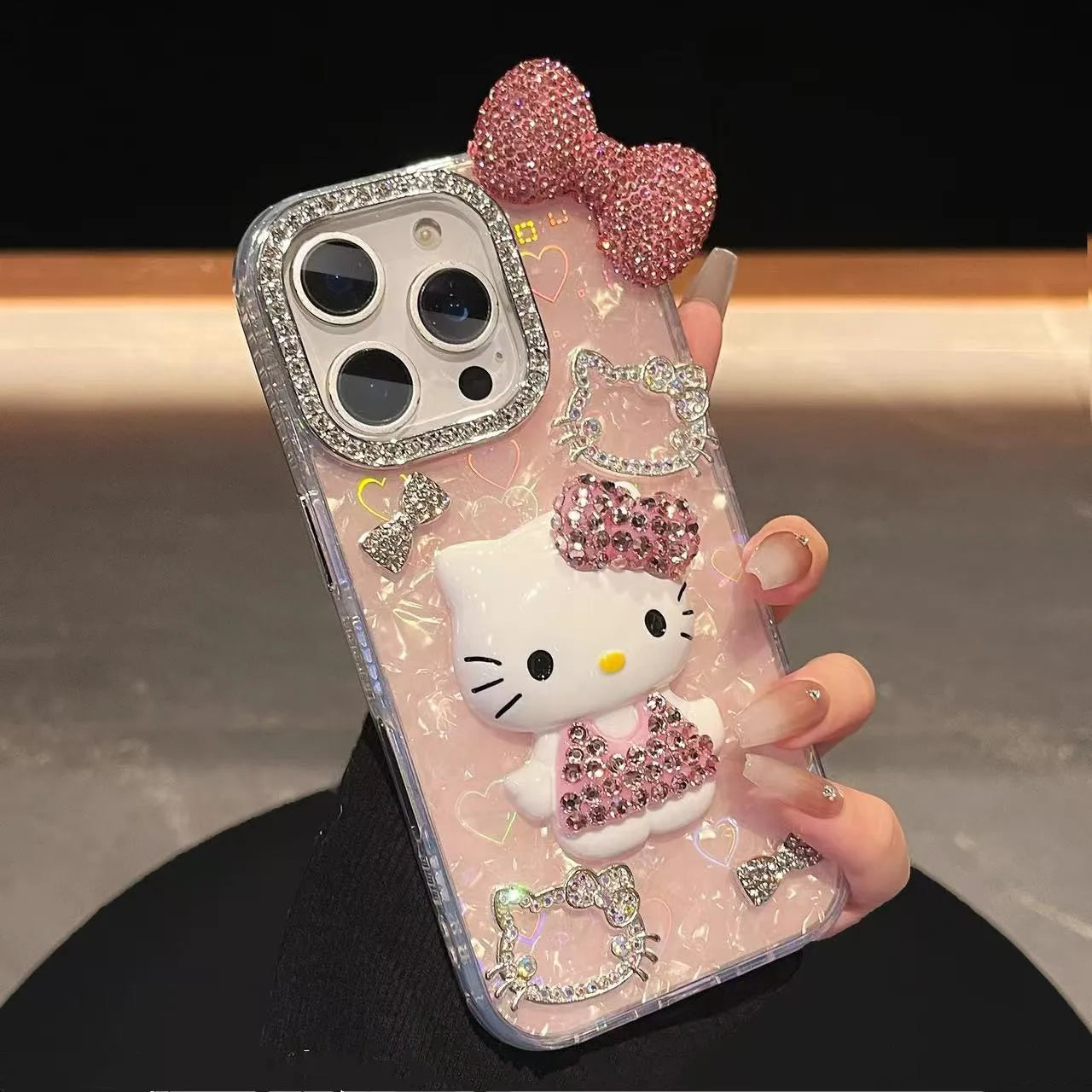 3D Stereoscopic Cute Cartoon Sanrio Hello Kitty Bling Glitter Phone Case For iPhone 17 16 15 14 13 12 11 Pro Max Hard Cover