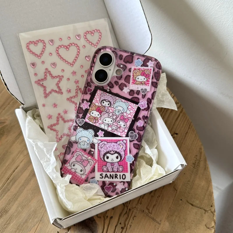 Cute Cartoon Love Heart Glitter Cinnamoroll Kuromi Kitty Melody Luxury leopard print Case For iPhone 13 14 15 16 ProMax Cover