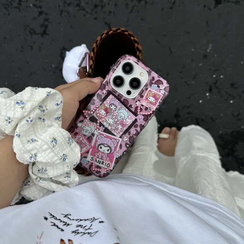 Cute Cartoon Love Heart Glitter Cinnamoroll Kuromi Kitty Melody Luxury leopard print Case For iPhone 13 14 15 16 ProMax Cover