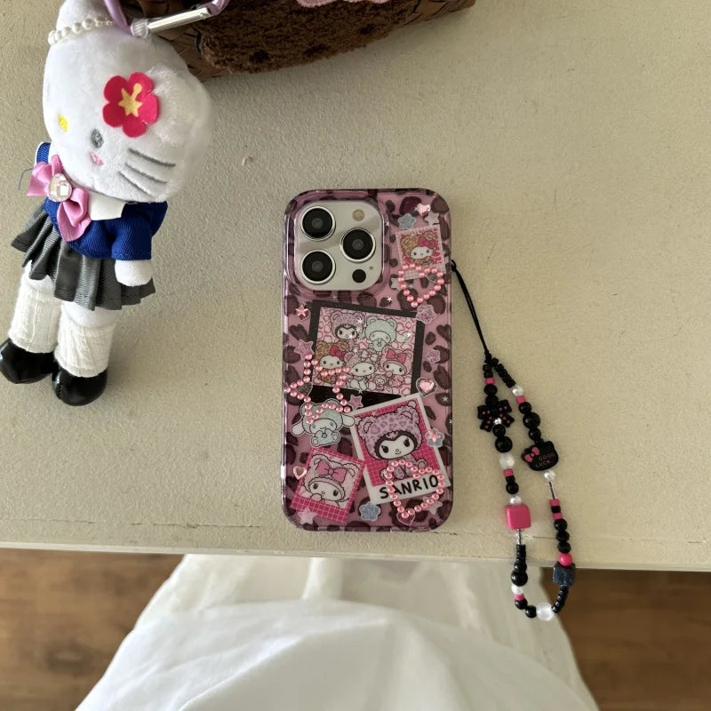 Cute Cartoon Love Heart Glitter Cinnamoroll Kuromi Kitty Melody Luxury leopard print Case For iPhone 13 14 15 16 ProMax Cover