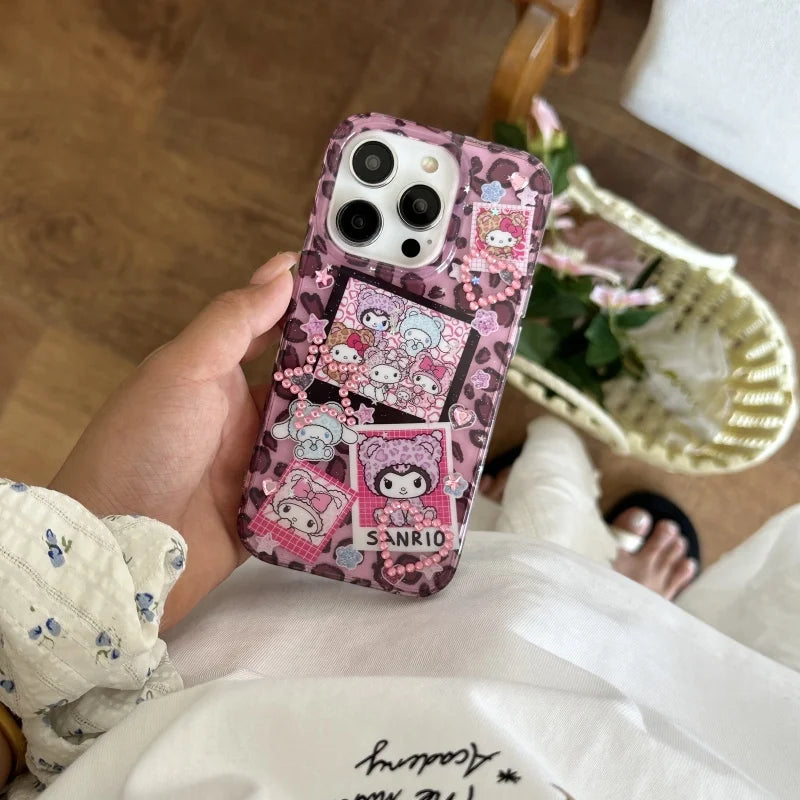 Cute Cartoon Love Heart Glitter Cinnamoroll Kuromi Kitty Melody Luxury leopard print Case For iPhone 13 14 15 16 ProMax Cover