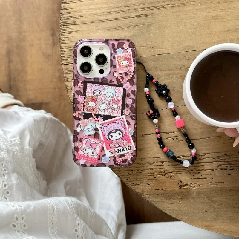 Cute Cartoon Love Heart Glitter Cinnamoroll Kuromi Kitty Melody Luxury leopard print Case For iPhone 13 14 15 16 ProMax Cover