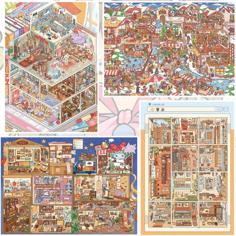 JIAMEI Plus Size Grid Room&Retro Street View Miniature Scene Stickers DIY Hand Stacking Paste Fun Scrapbook Landscape Stickers