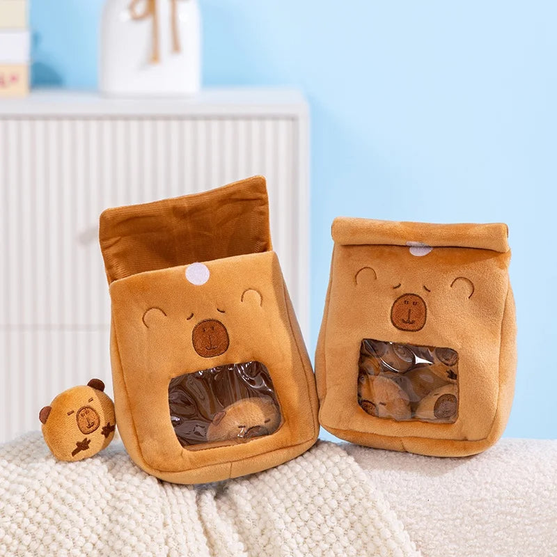Adorable Stuffed Capybara Doll with Snack Bag Cartoon Plush Toys Creative Pudding Bag Design Kawaii Kids Gift
