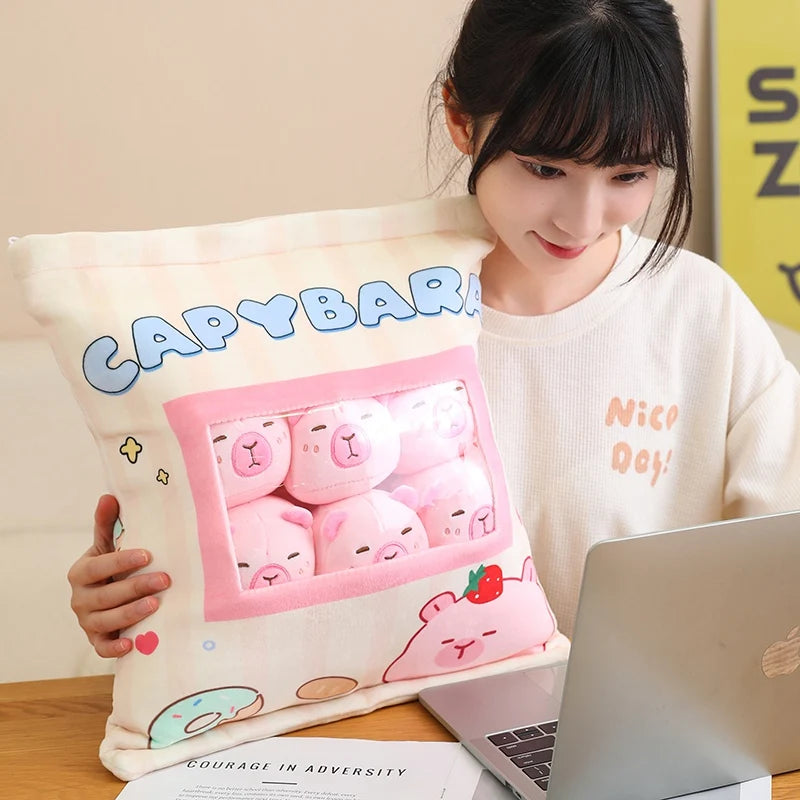 A Plushies Bag Pudding Toys Puff Balls Mini Cute Stuffed Animal Capybara Doll Removable Set Plush Pillow Snack Cushion Kids Gift