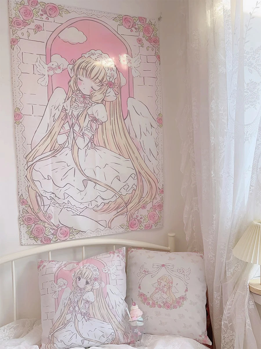 Cute Anime Girl Tapestry Background Cloth Home Decor Kawaii Girl's Room Decorating Items Cartoon Wall Hanging Pink Tapestry