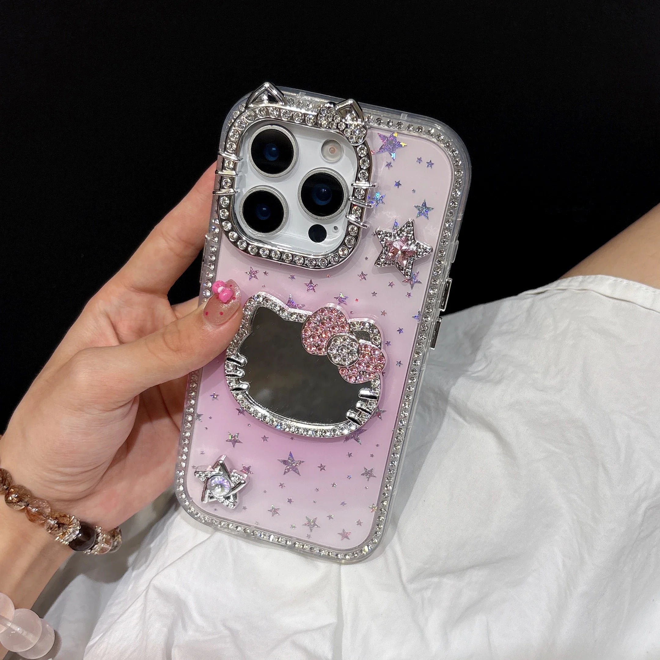 Makeup Mirror Bling Glitter Stars Phone Case For iPhone 16 15 14 13 12 Pro Max 3D Cute Sanrio Hello Kitty Shockproof Hard Cover