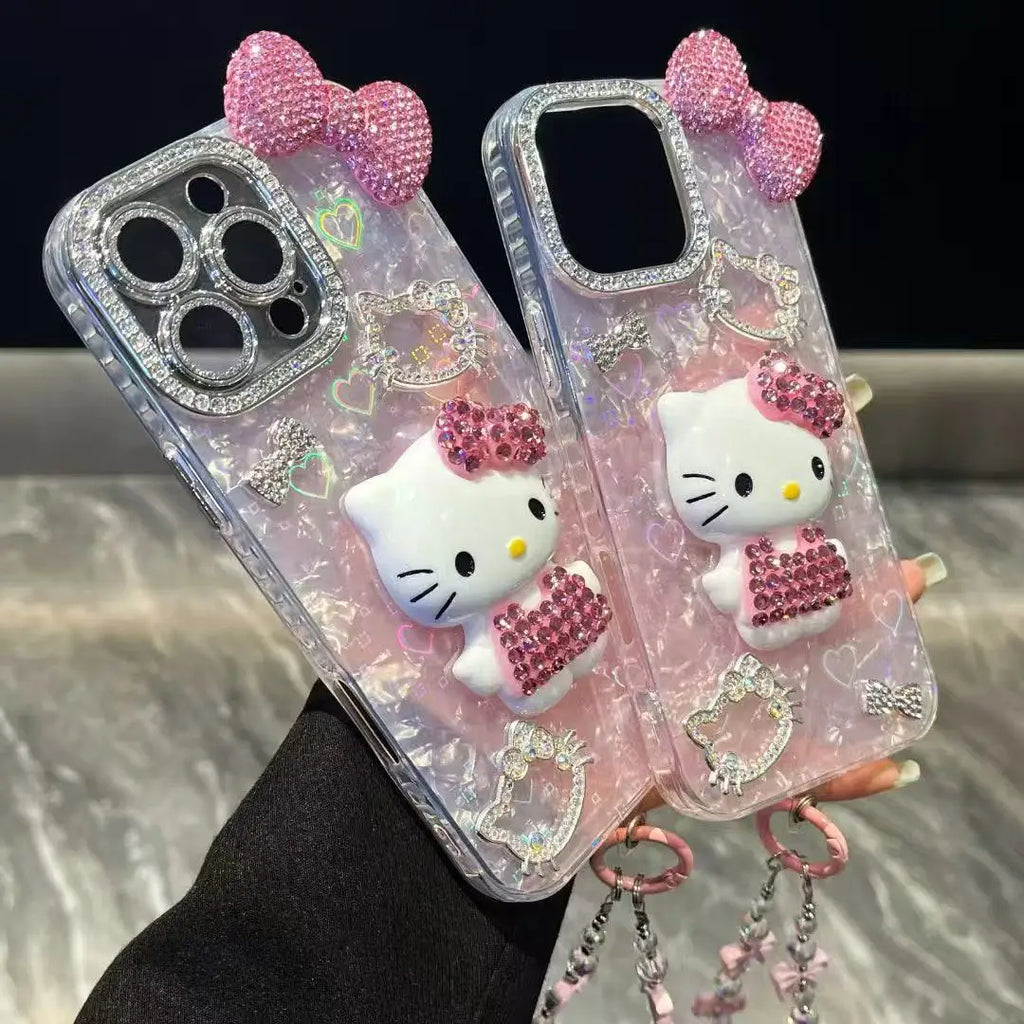 3D Stereoscopic Cute Cartoon Sanrio Hello Kitty Bling Glitter Phone Case For iPhone 17 16 15 14 13 12 11 Pro Max Hard Cover