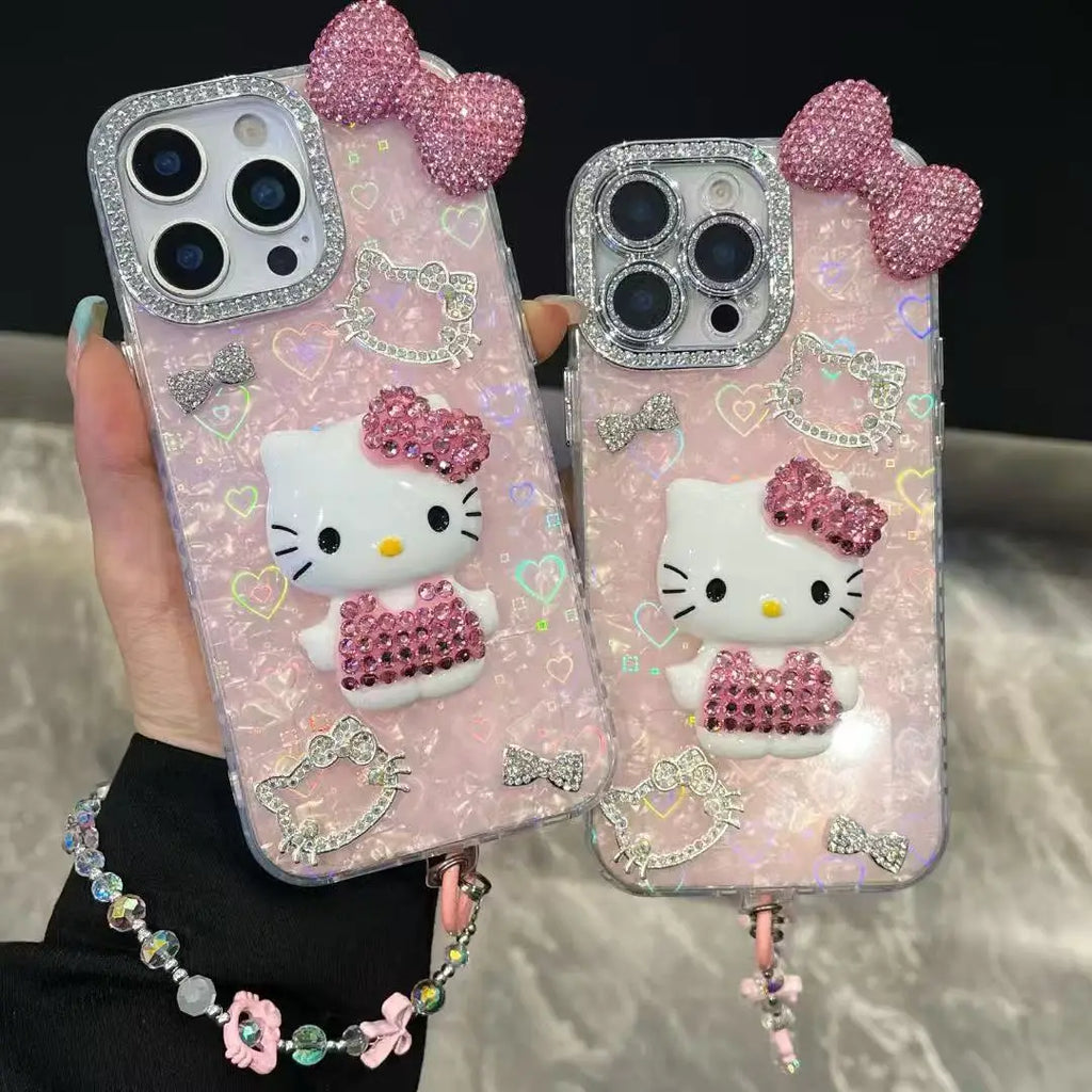 3D Stereoscopic Cute Cartoon Sanrio Hello Kitty Bling Glitter Phone Case For iPhone 17 16 15 14 13 12 11 Pro Max Hard Cover