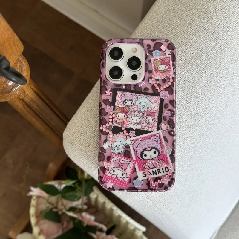 Cute Cartoon Love Heart Glitter Cinnamoroll Kuromi Kitty Melody Luxury leopard print Case For iPhone 13 14 15 16 ProMax Cover