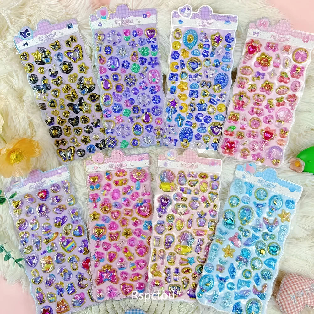 Kawaii Flower Rabbit Butterfly 3D Crystal Stickers Cute Cartoon Shell Unicorn Relief Sticker Guitar Fridge Phone Decals Toy