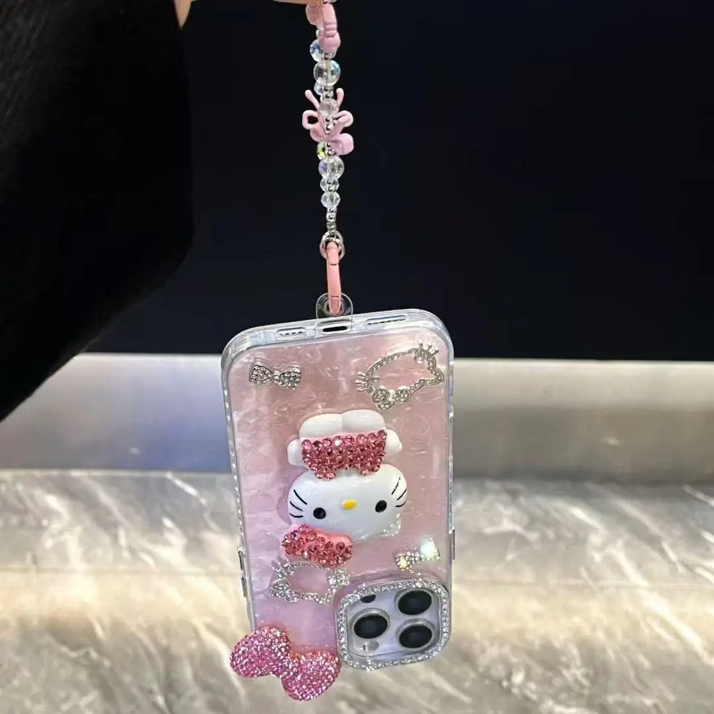 3D Stereoscopic Cute Cartoon Sanrio Hello Kitty Bling Glitter Phone Case For iPhone 17 16 15 14 13 12 11 Pro Max Hard Cover