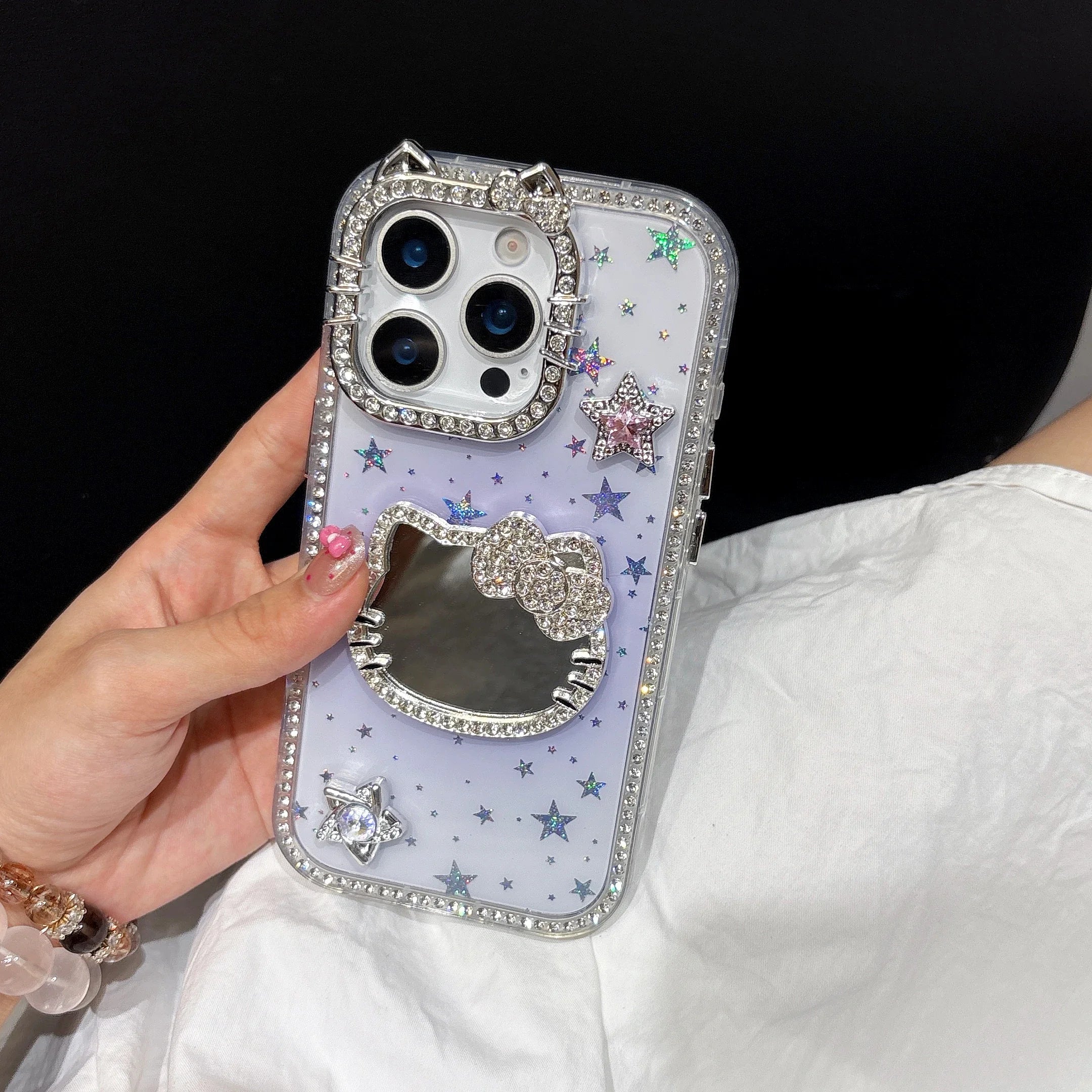 Makeup Mirror Bling Glitter Stars Phone Case For iPhone 16 15 14 13 12 Pro Max 3D Cute Sanrio Hello Kitty Shockproof Hard Cover