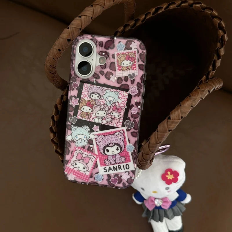 Cute Cartoon Love Heart Glitter Cinnamoroll Kuromi Kitty Melody Luxury leopard print Case For iPhone 13 14 15 16 ProMax Cover
