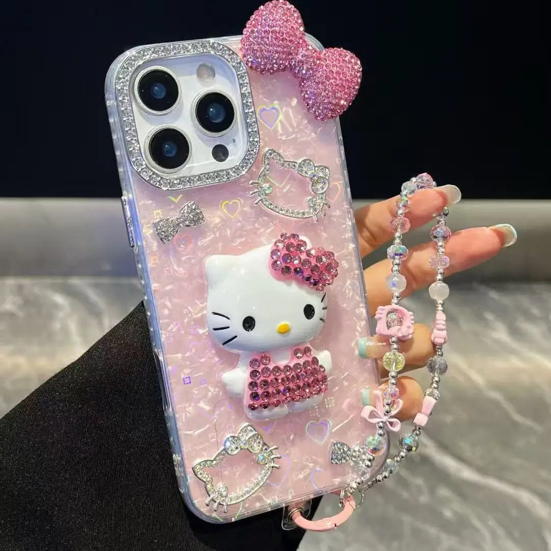 3D Stereoscopic Cute Cartoon Sanrio Hello Kitty Bling Glitter Phone Case For iPhone 17 16 15 14 13 12 11 Pro Max Hard Cover