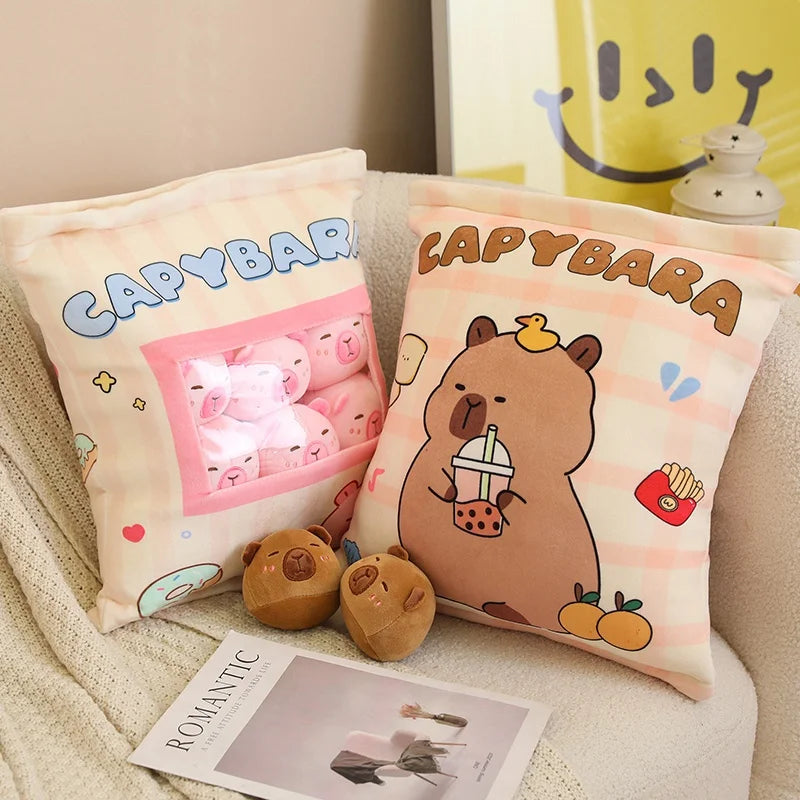 A Plushies Bag Pudding Toys Puff Balls Mini Cute Stuffed Animal Capybara Doll Removable Set Plush Pillow Snack Cushion Kids Gift