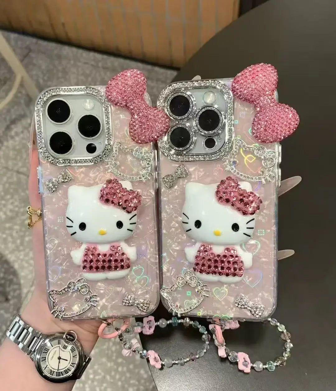 3D Stereoscopic Cute Cartoon Sanrio Hello Kitty Bling Glitter Phone Case For iPhone 17 16 15 14 13 12 11 Pro Max Hard Cover