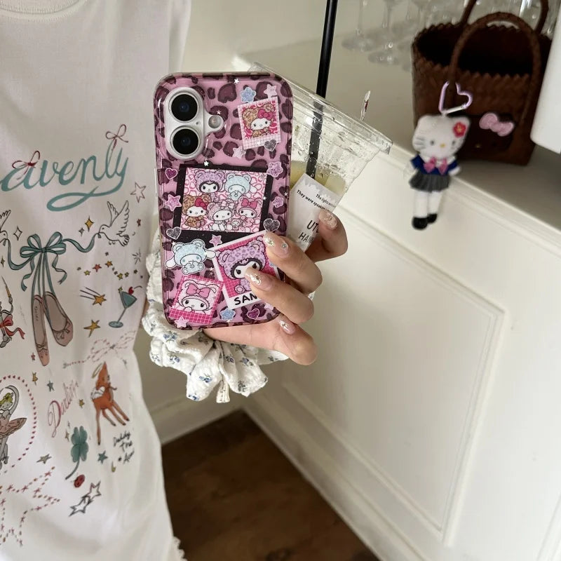 Cute Cartoon Love Heart Glitter Cinnamoroll Kuromi Kitty Melody Luxury leopard print Case For iPhone 13 14 15 16 ProMax Cover