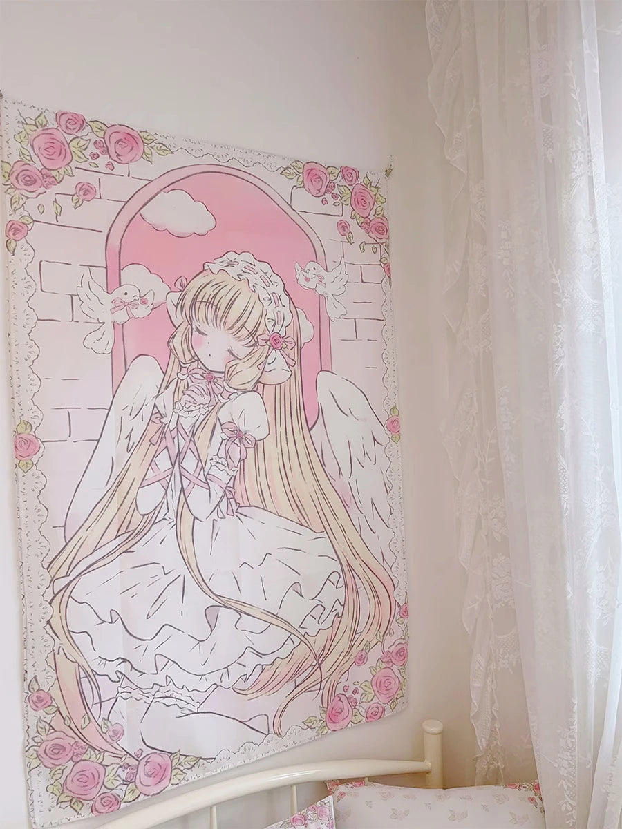 Cute Anime Girl Tapestry Background Cloth Home Decor Kawaii Girl's Room Decorating Items Cartoon Wall Hanging Pink Tapestry