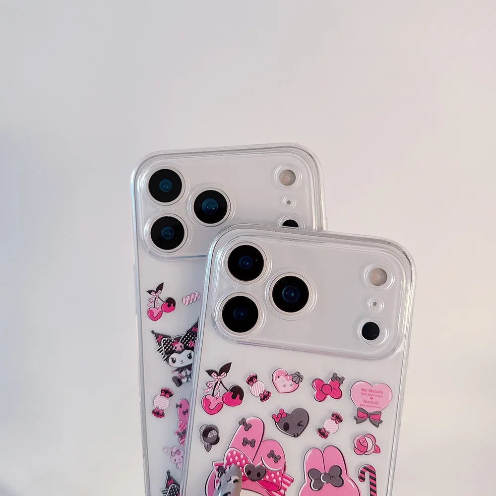 Girlish Cute Sanrio Kuromi My Melody Painted Clear TPU Case For IPhone 17 Pro Max Air 16 15 14 13 12 Pro Anti-drop Lanyard Cover