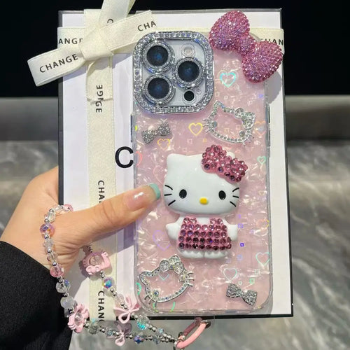 3D Stereoscopic Cute Cartoon Sanrio Hello Kitty Bling Glitter Phone Case For iPhone 17 16 15 14 13 12 11 Pro Max Hard Cover