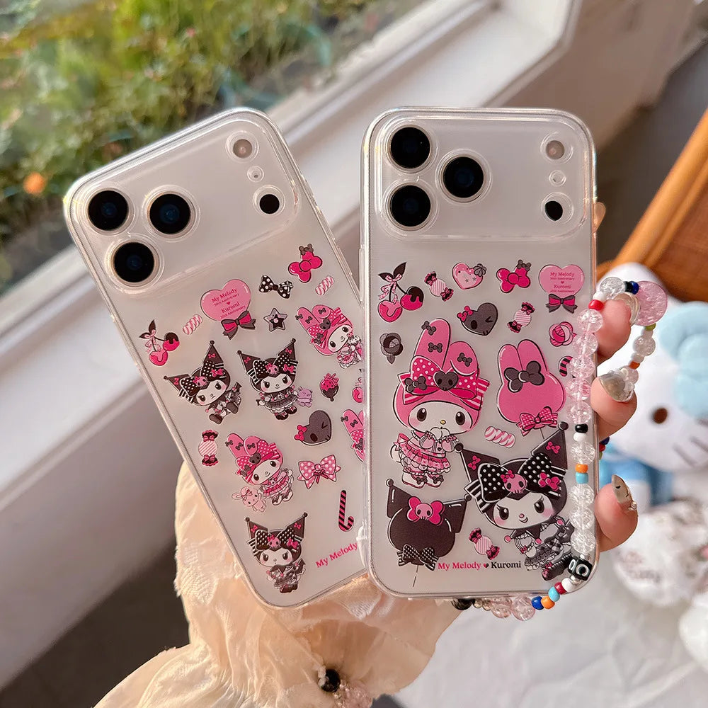 Girlish Cute Sanrio Kuromi My Melody Painted Clear TPU Case For IPhone 17 Pro Max Air 16 15 14 13 12 Pro Anti-drop Lanyard Cover