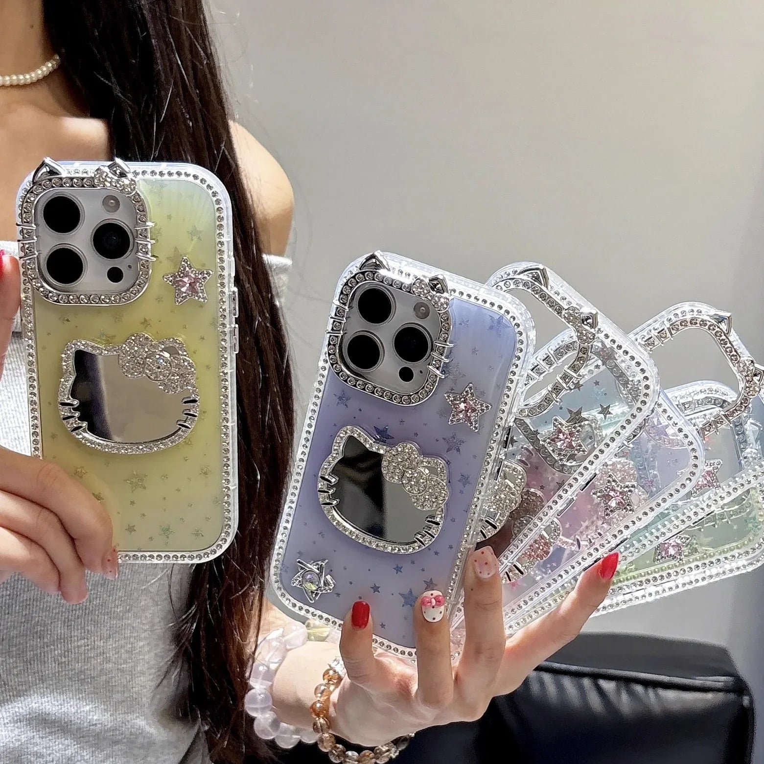 Makeup Mirror Bling Glitter Stars Phone Case For iPhone 16 15 14 13 12 Pro Max 3D Cute Sanrio Hello Kitty Shockproof Hard Cover