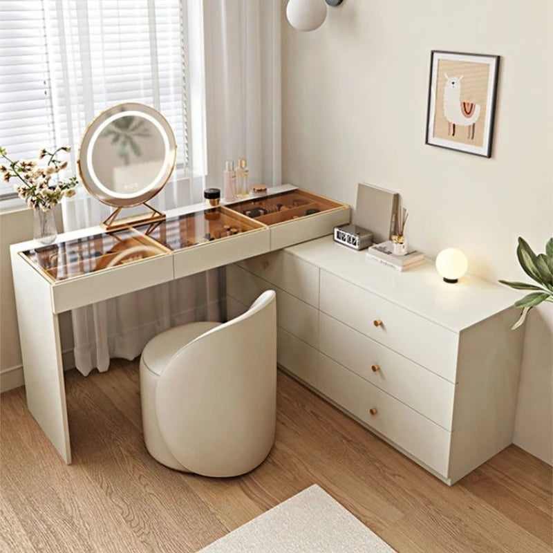 Light Luxury Wood Makeup Vanities One-piece Corner Household Storage Makeup Vanities Telescopic Office Furniture Kaptafel JTM
