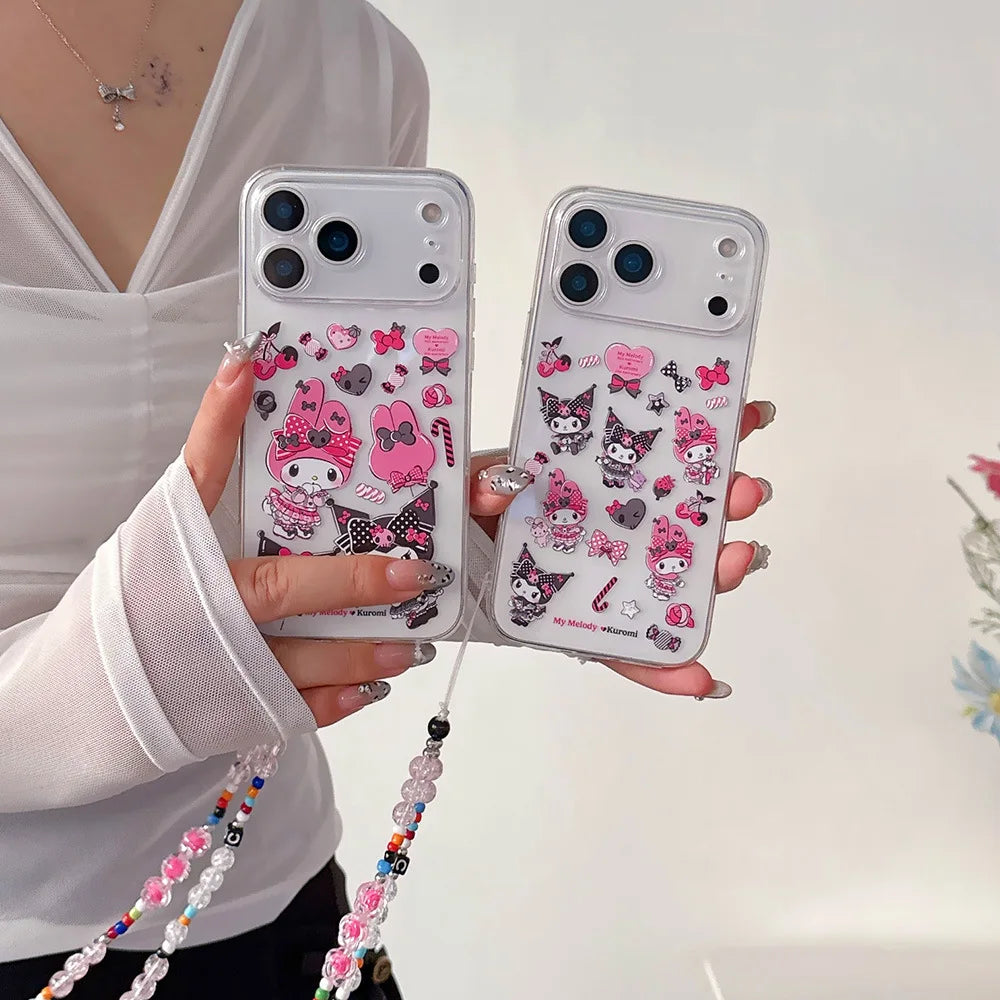 Girlish Cute Sanrio Kuromi My Melody Painted Clear TPU Case For IPhone 17 Pro Max Air 16 15 14 13 12 Pro Anti-drop Lanyard Cover