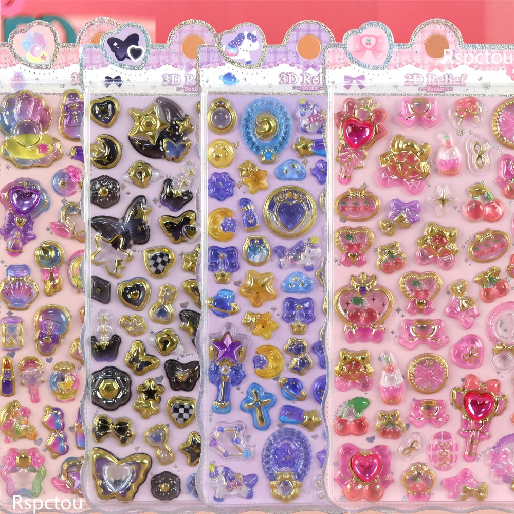 Kawaii Flower Rabbit Butterfly 3D Crystal Stickers Cute Cartoon Shell Unicorn Relief Sticker Guitar Fridge Phone Decals Toy